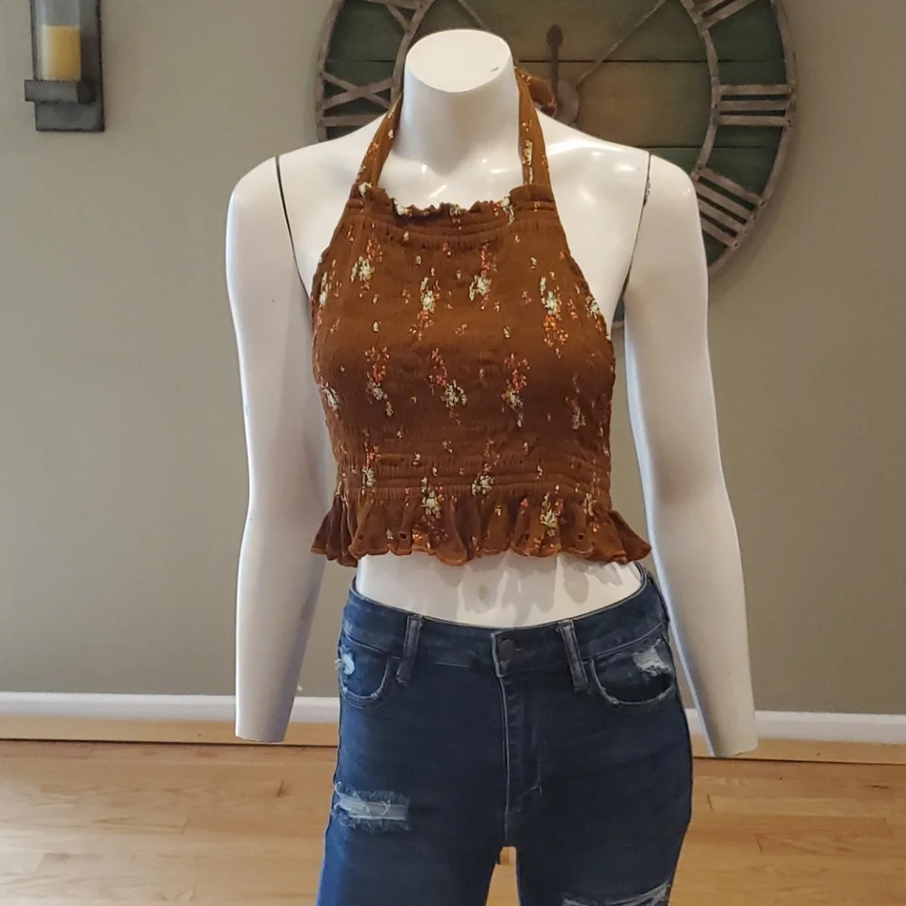 Free People Miss Louise smocked cropped halter top